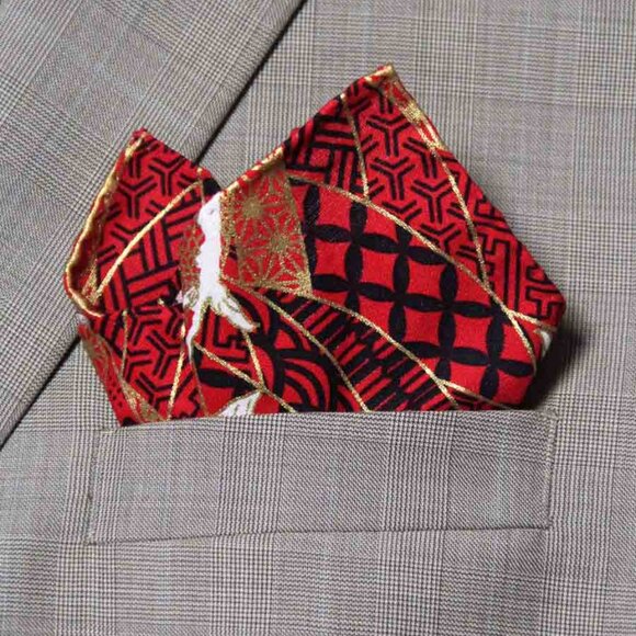 Gascoigne Hand Stitched Japanese Kimono Fabric Pocket Square Red Gold Black Fish - Picture 5 of 5